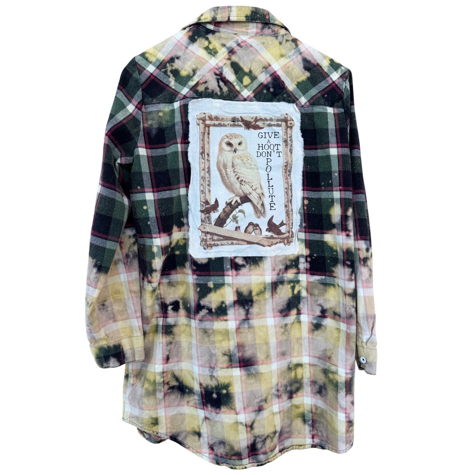 Distressed Flannel Shirt Dress w Owl Save the Planet Patch | Women’s L