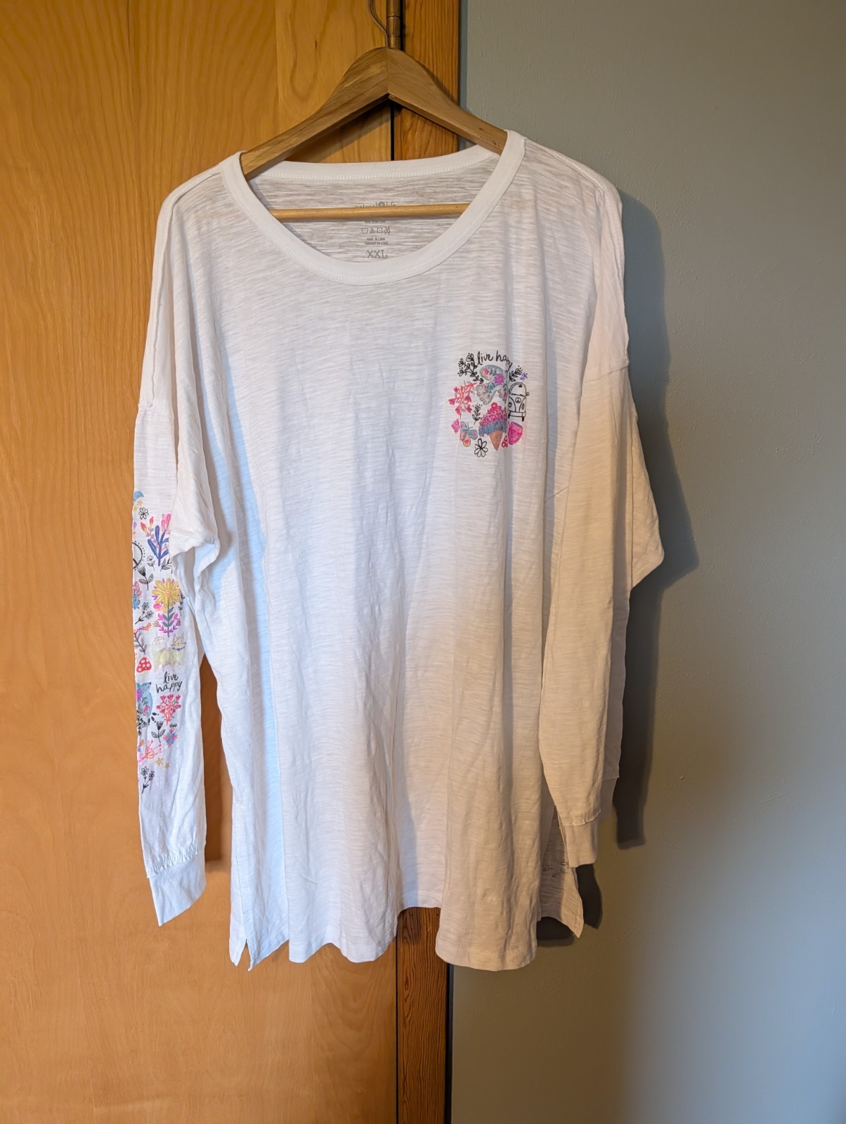 Natural Life Women’s Size 2XL Oversized Cotton Doodle Tee White Long Sleeves
