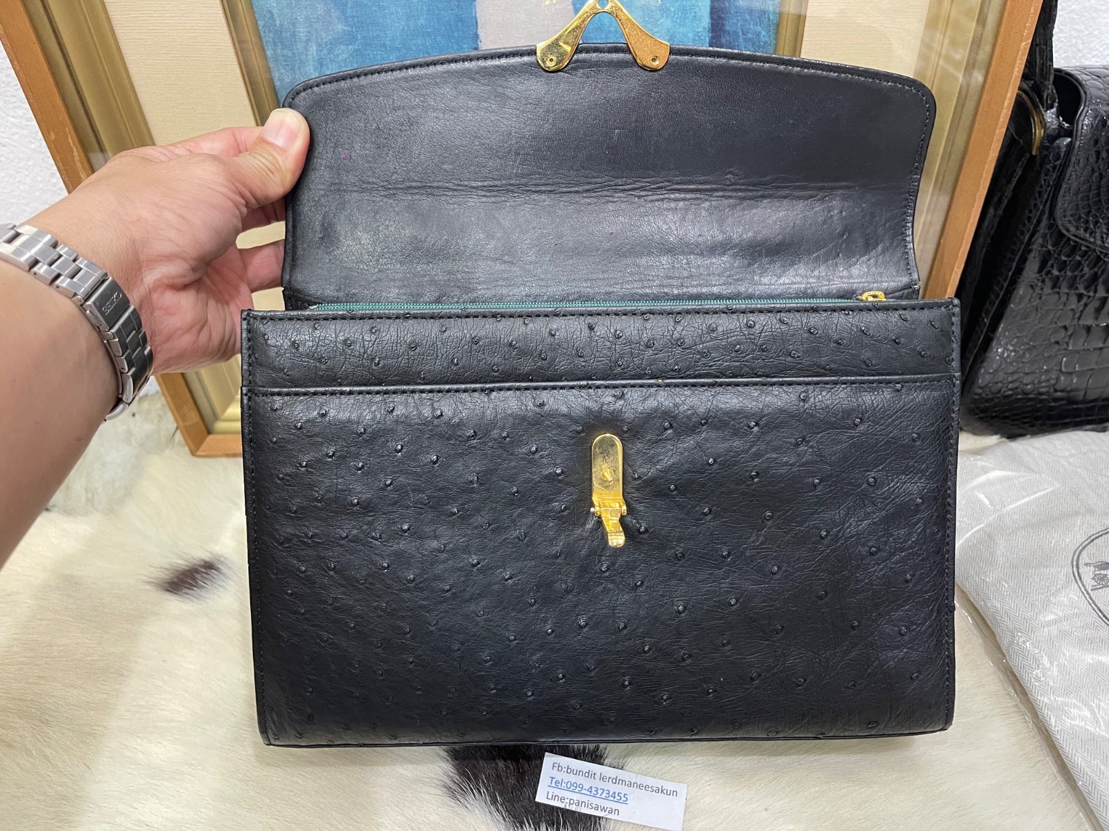 JRA Japan Ostrich Leather Handbag Genuine Exotic Leather Brown Vintage