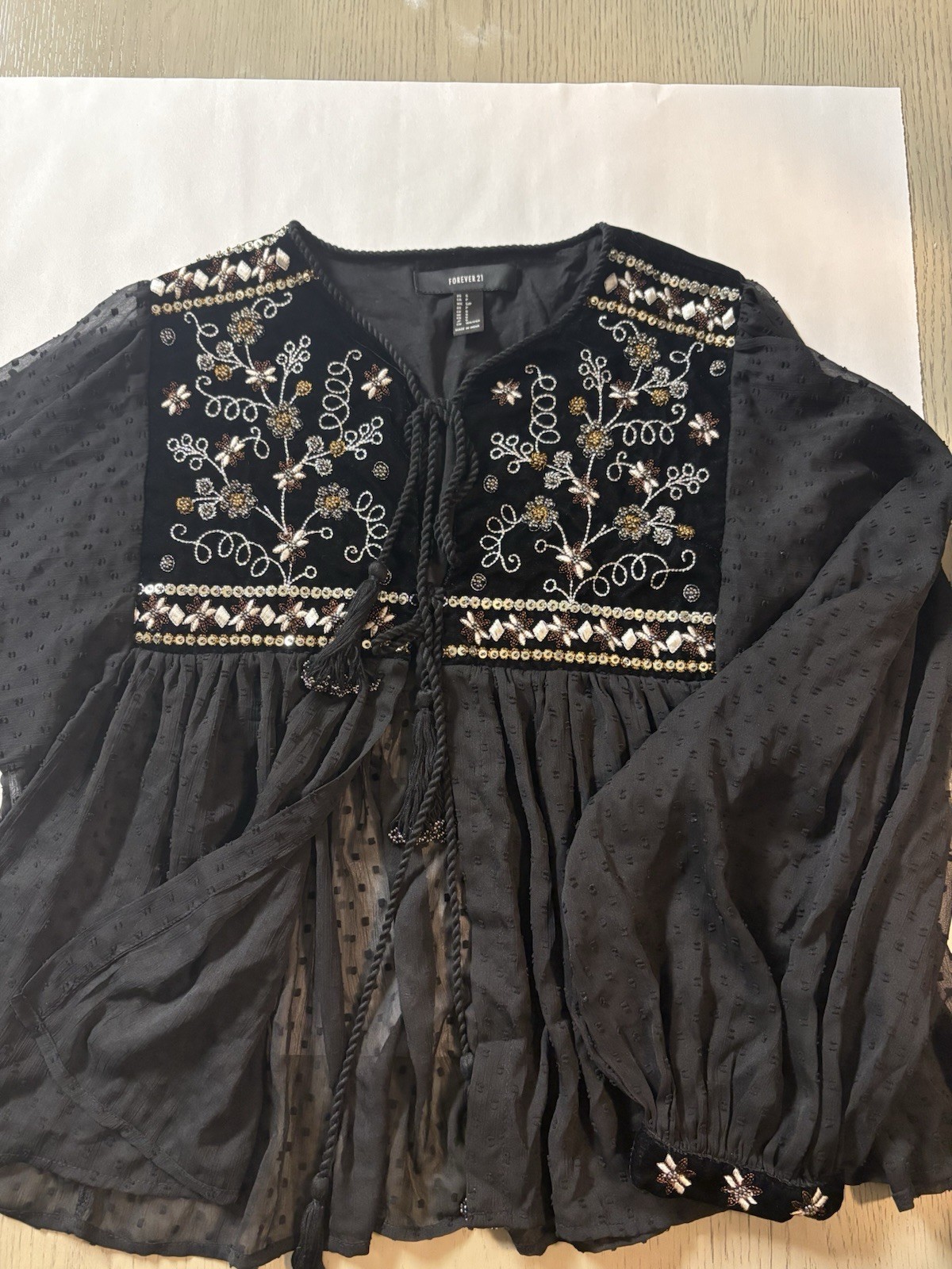 Boho Sheer Balloon Sleeve Floral Embroidery w/Beads Blouse Top, Size S Brand New