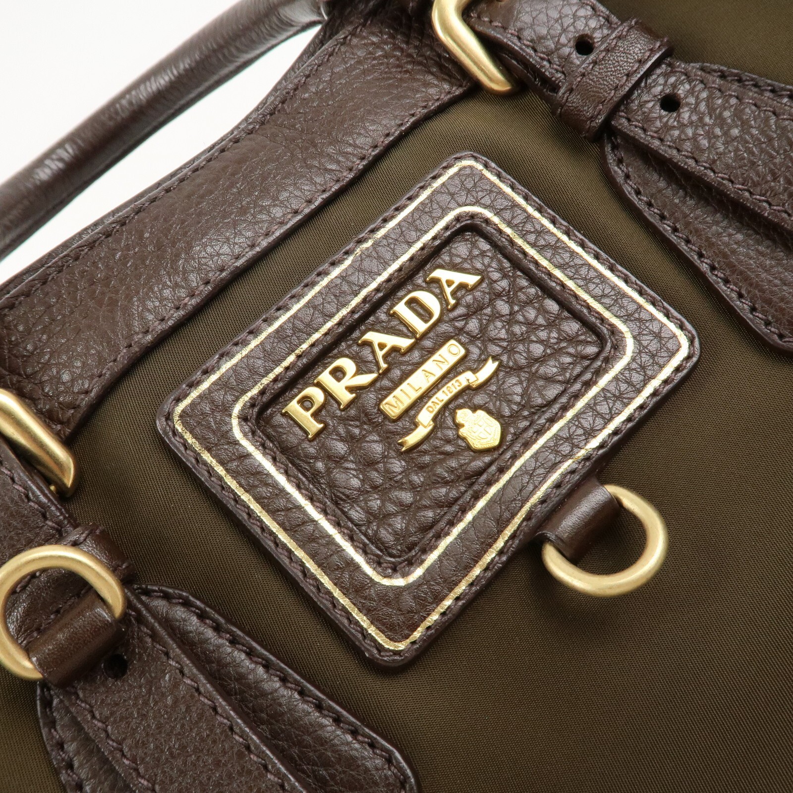 PRADA Logo Hand Bag Kahki Brown Nylon Leather BN1221 Auth Used
