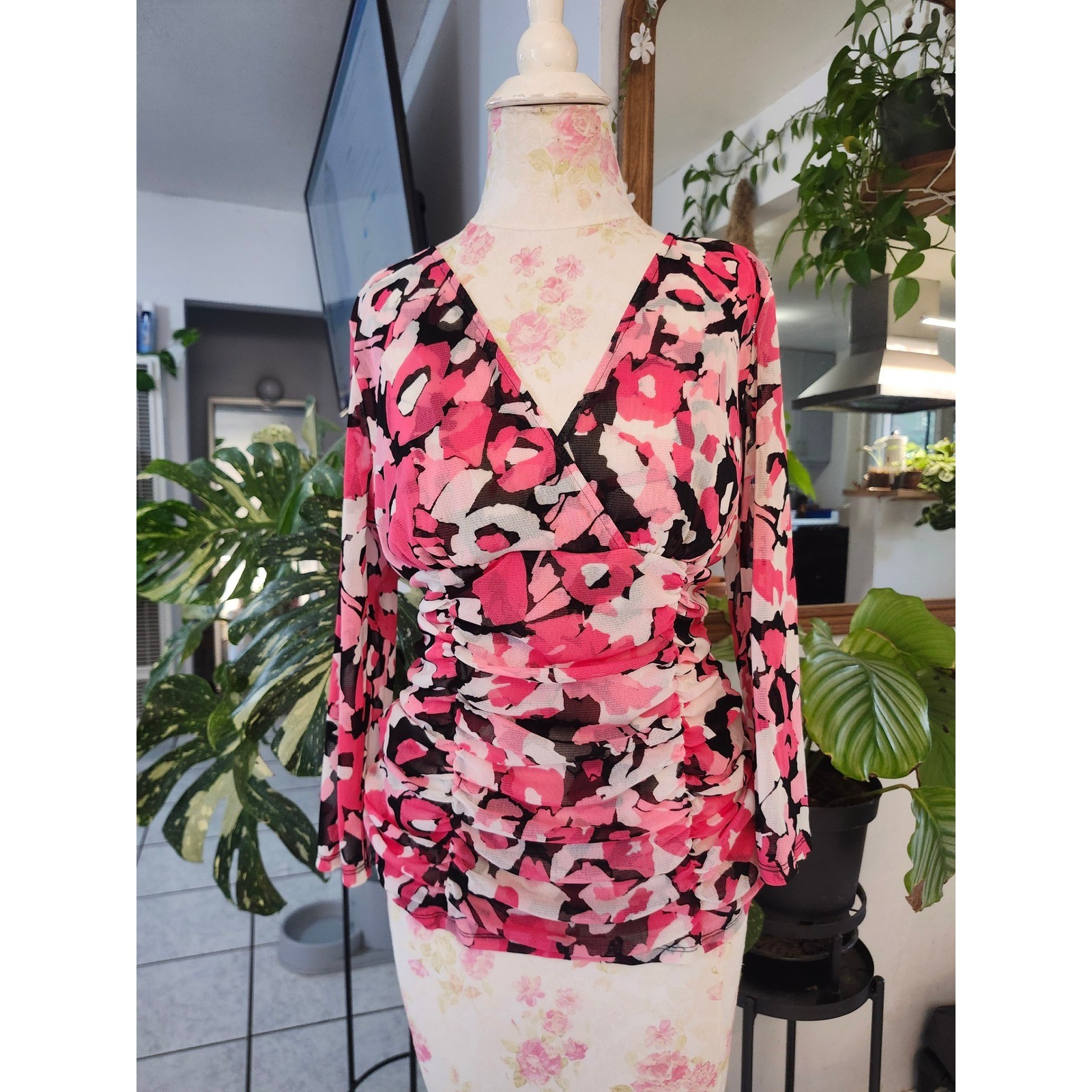 INC International Concepts Pink Floral Mesh Ruched Surplice Top XL Y2K