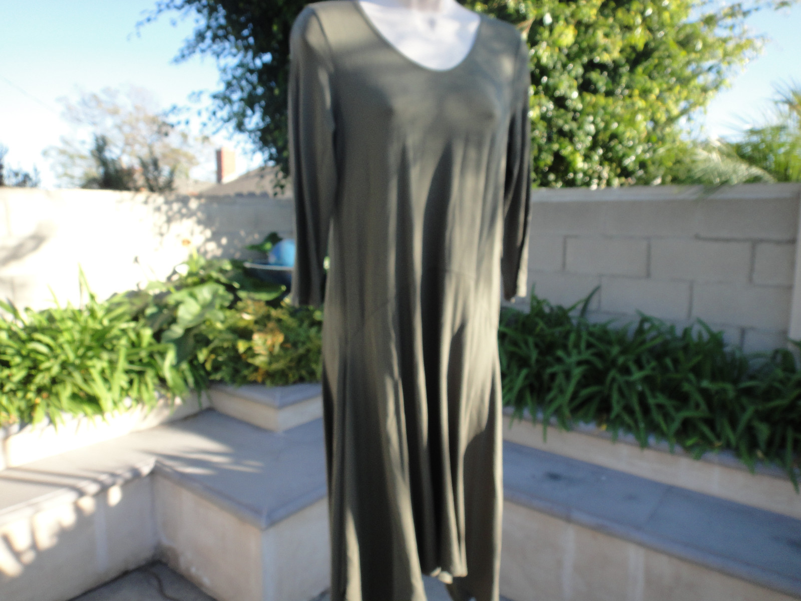 Eileen Fisher Scoop Neck Oregano Green Soft Dress, 95%Viscose 5%Spandex, X Small