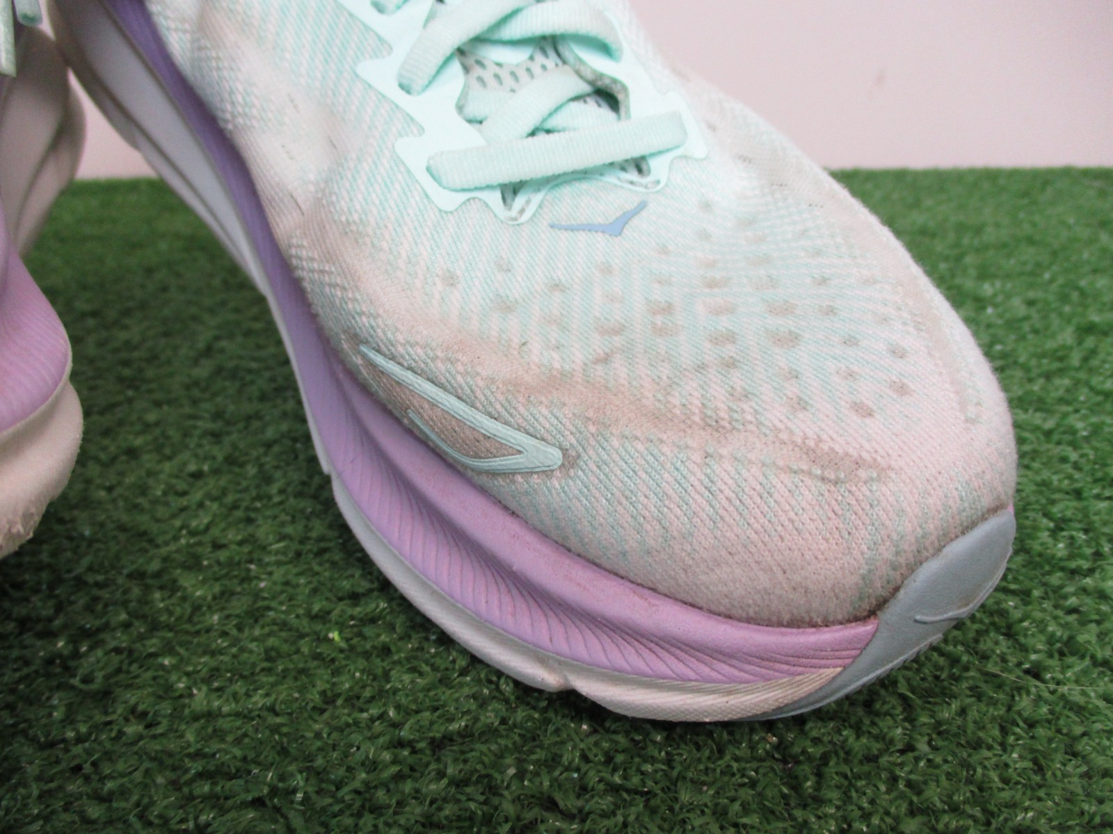 Hoka Clifton 9 Shoes Womens 9.5 Green Purple White Track Road Running Cushion *