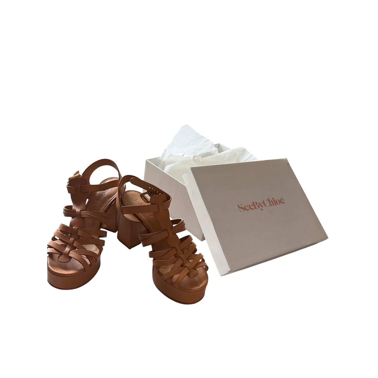 See By Chloe Giuly Tan Leather Platform Caged Block Heel Sandals Size 40 new