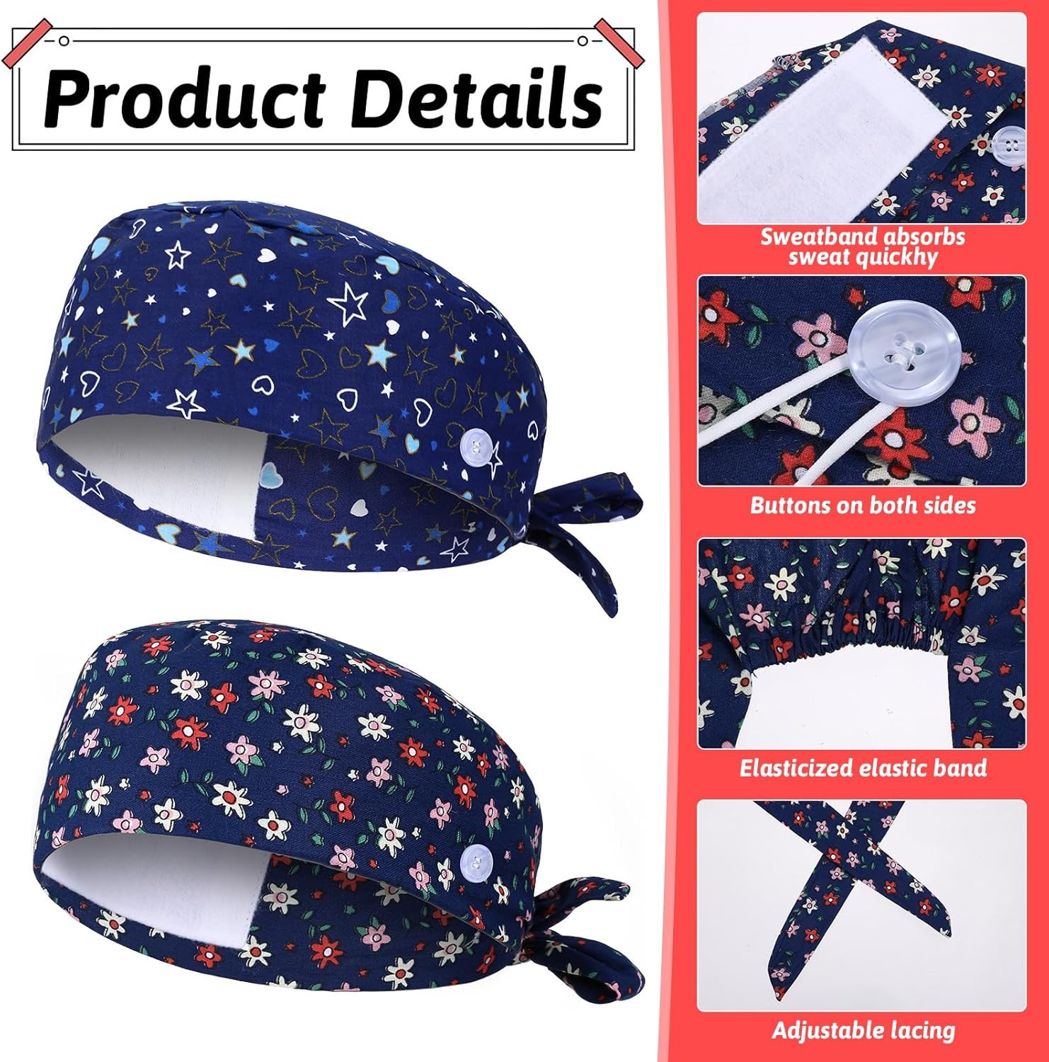 2Pcs Cotton Scrub Caps with Buttons & Ponytail Holder Adjustable Work Hats