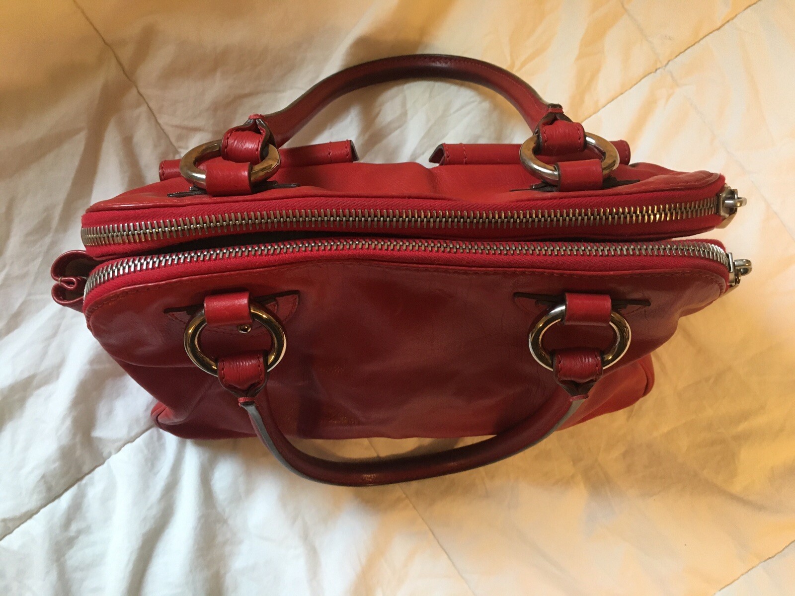 MARC JACOBS Multi-pocket Push Lock Red Leather Satchel Purse Bag
