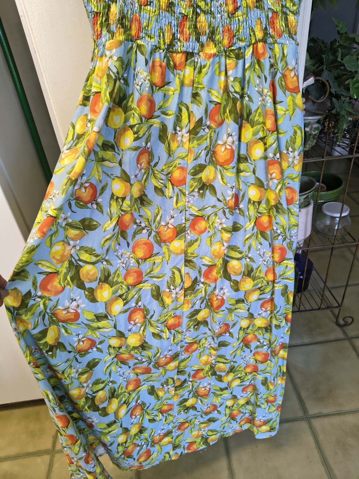 Women Large Free Assembly Linen Blend Maxi Dress Fruit Lemon Oranges Print Dress