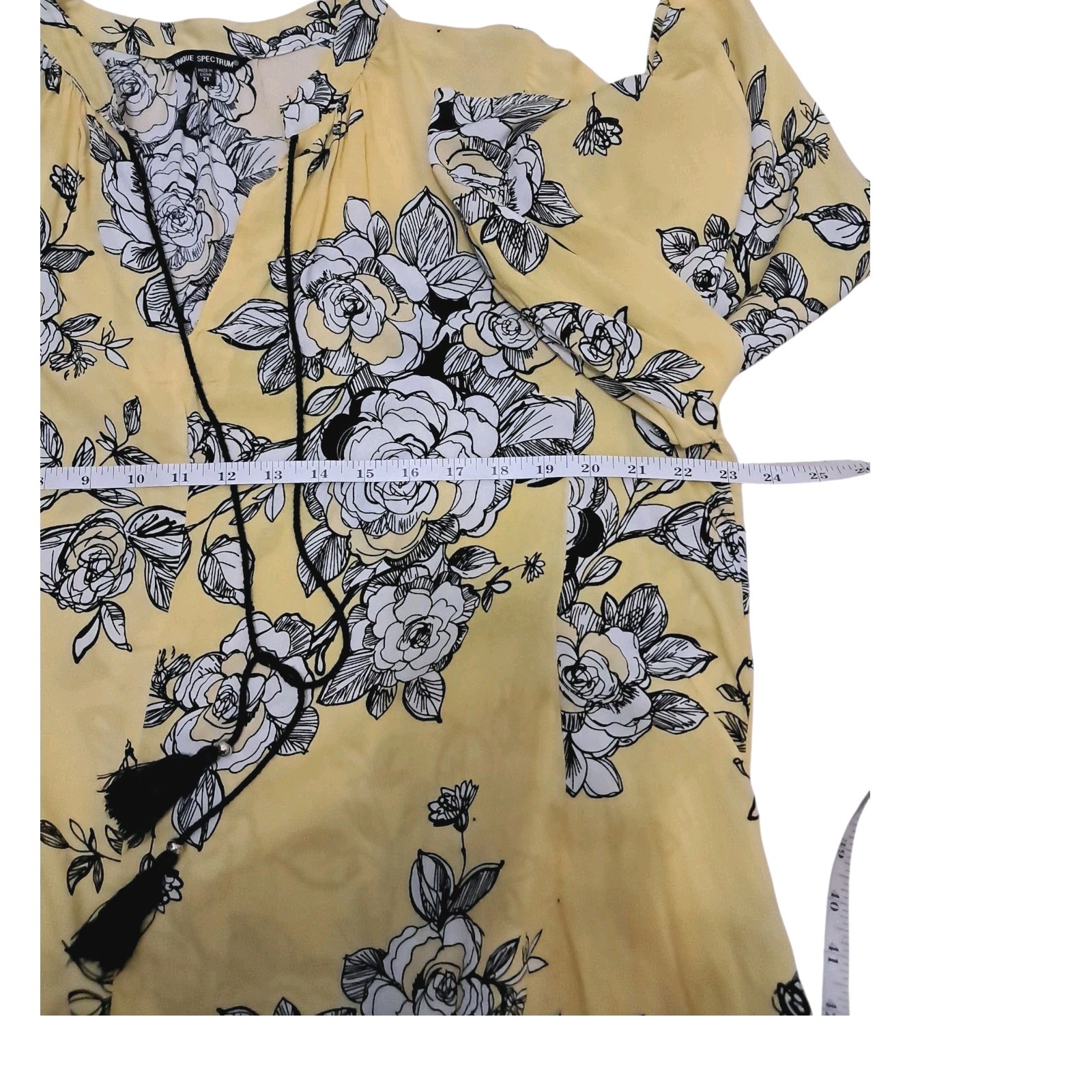 Unique Spectrum Women’s Blouse 2X Yellow Floral V-Neck 3/4 Wide Sleeves Rayon