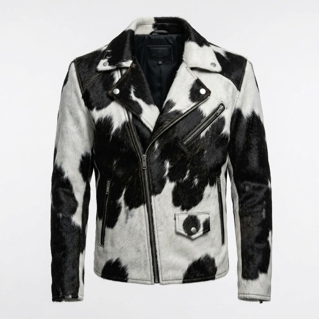 Men’s Black & White Hair On Cowhide Leather Jacket Natural Hair Biker Jacket