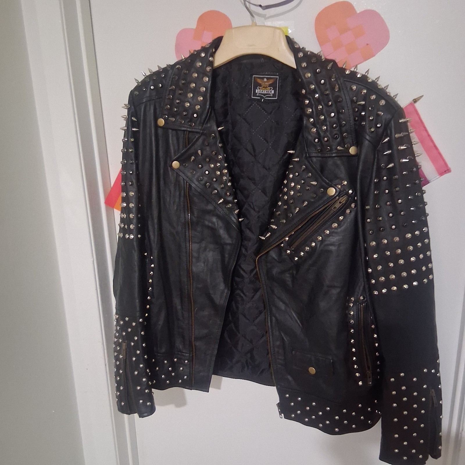 Large Genuine Leather Jacket with Studs and Spikes with Quilted Lining