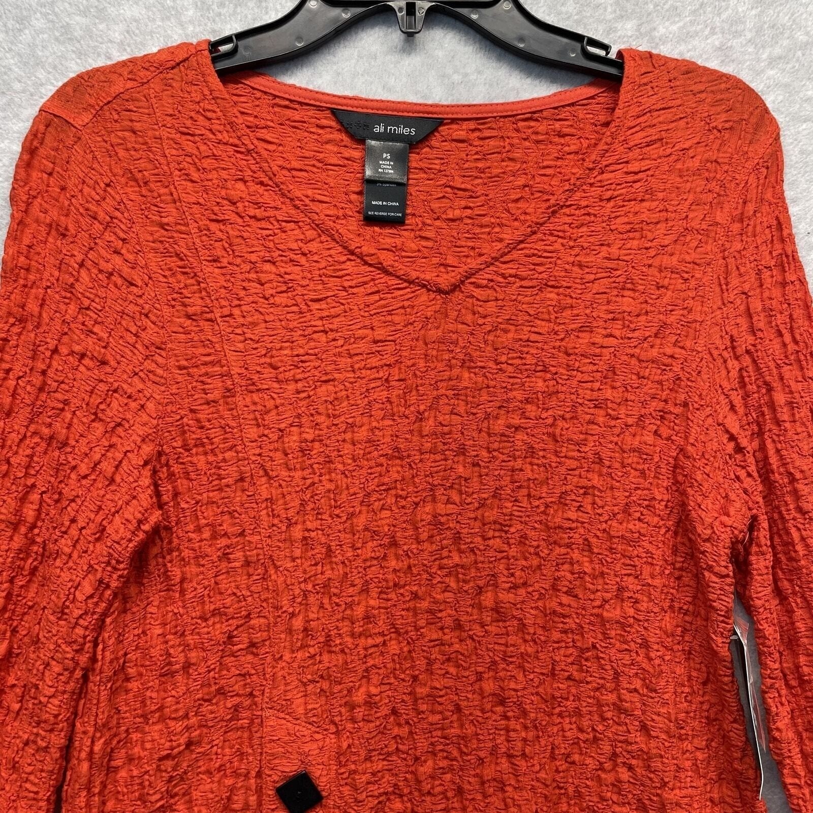 Ali Miles Textured Crinkle Top Womens Petite Small Red Blouse Roll Tab Sleeve