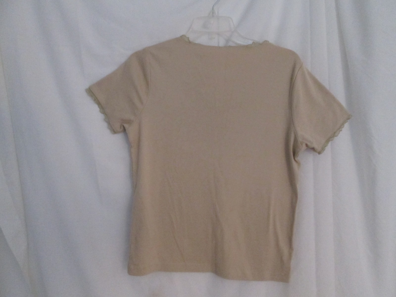 Kate Hill Beige Set-in Short-Sleeve, Mesh-Trimmed V-Neck, 100% Cotton Top, sz S