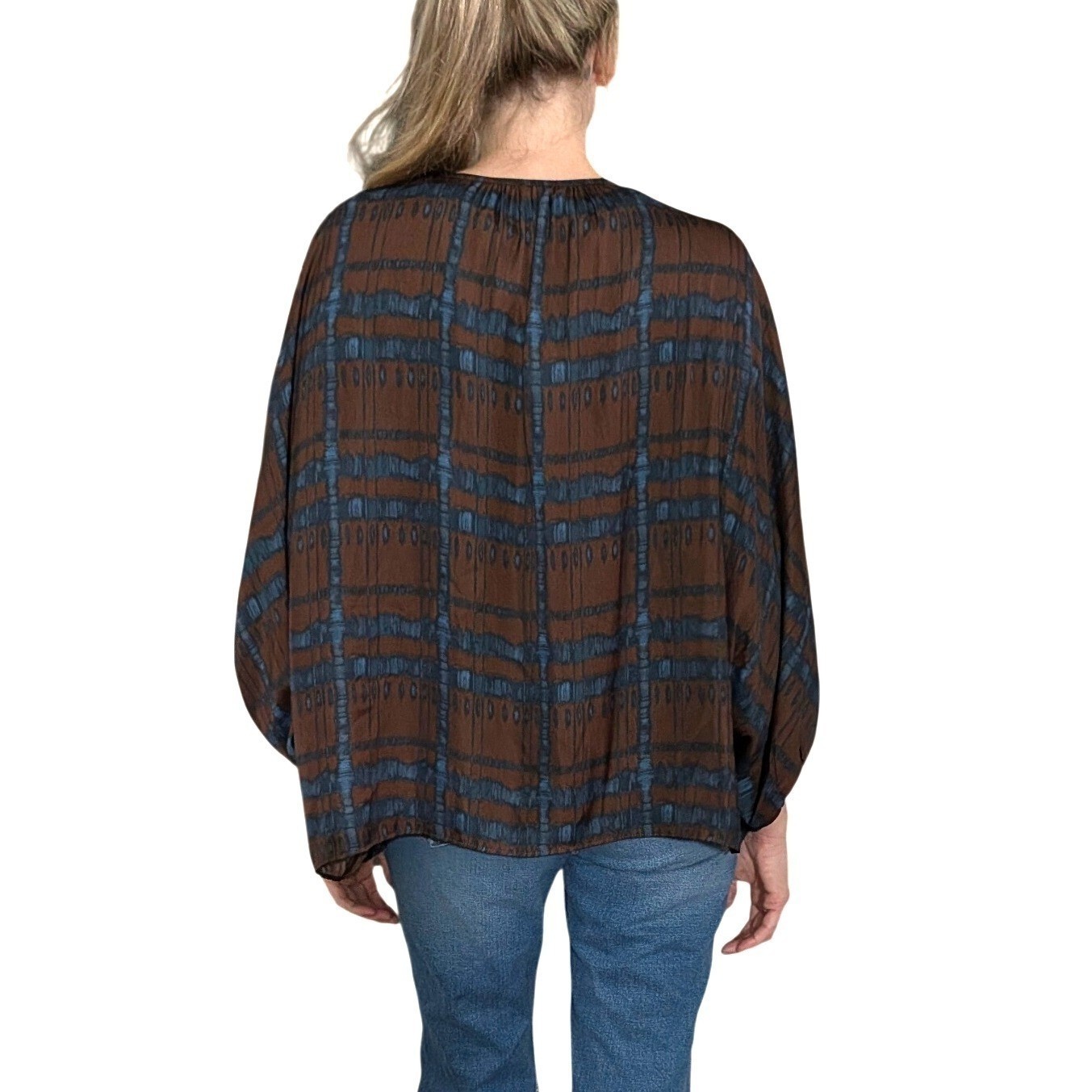 Grade & Gather Blouse Ikat Batwing Dolman Sleeve Brown Blue Plaid Boho Top S/M