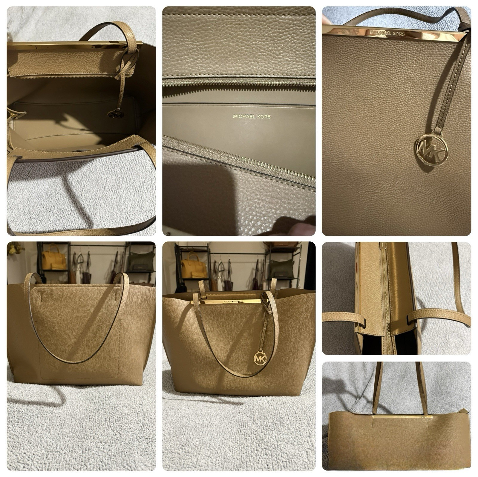 Michael Kors Large Jet Set Pebbled Tote Bag Gold Hardware MK Charm Pockets