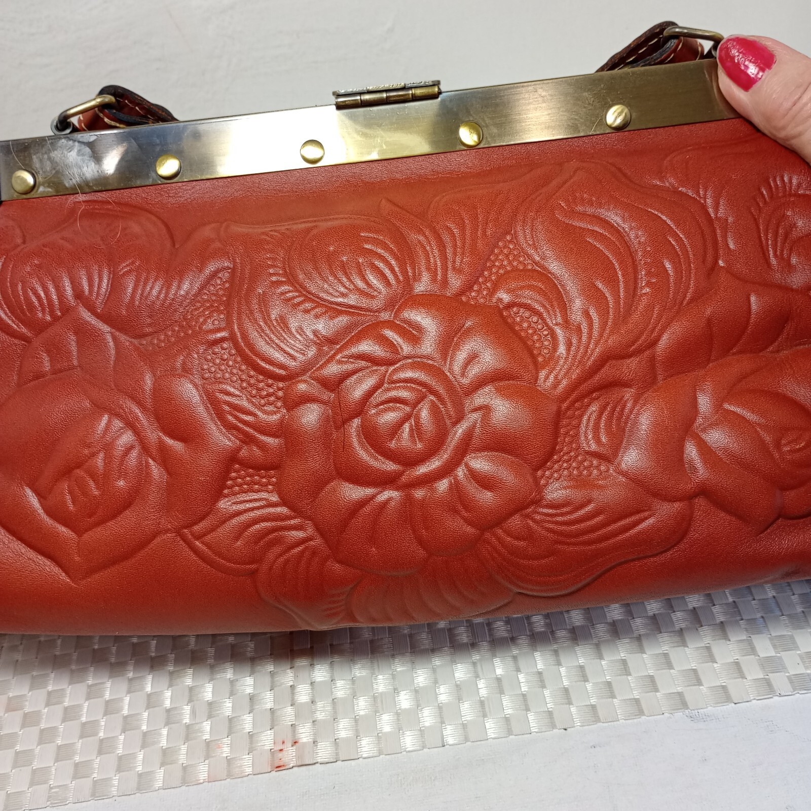 Patricia Nash Floral Embossed Cognac Leather bag Medium Brass Bottom Studs EUC