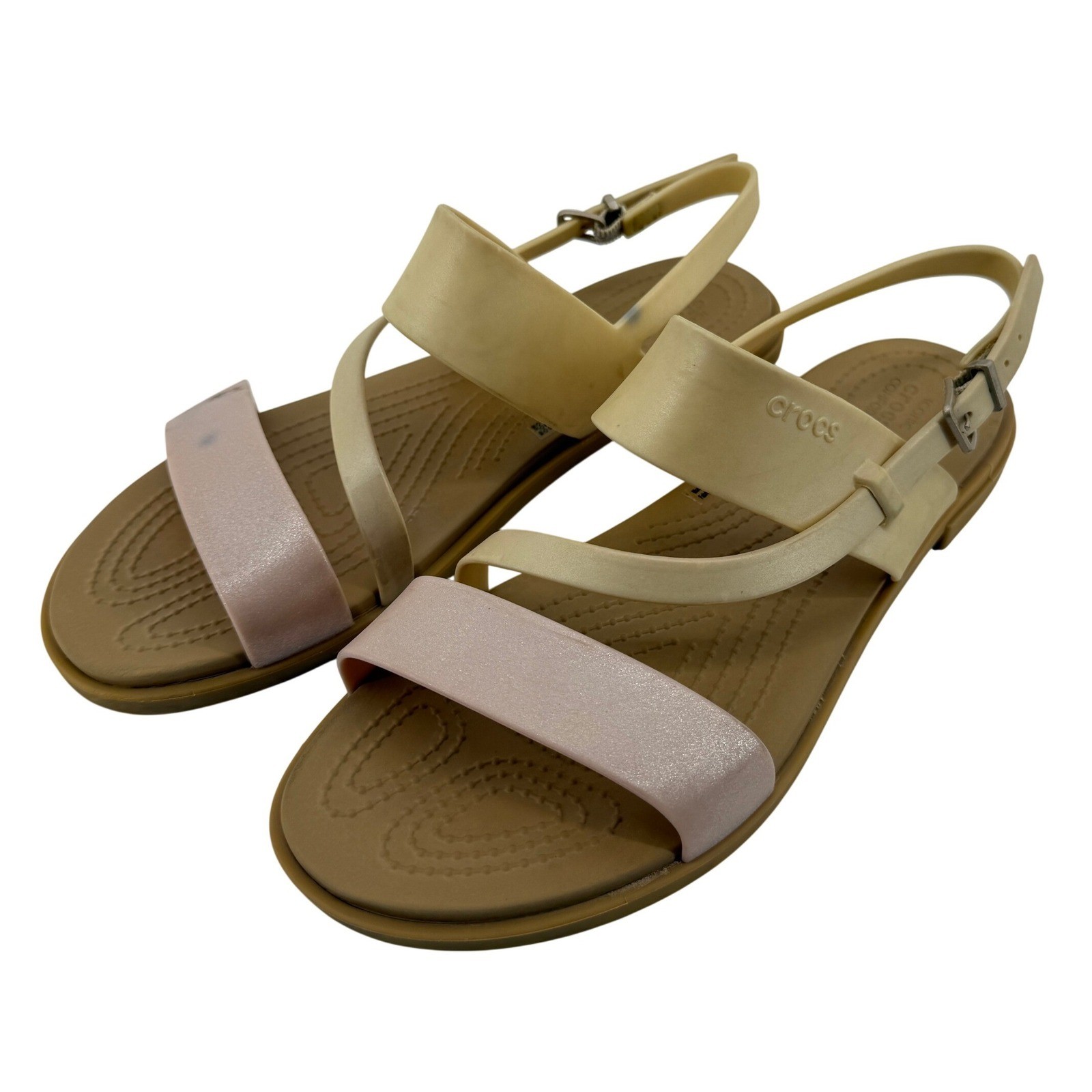 Crocs Tulum Strappy Sandal Pink Clay Cream Tan Women 8 Shimmer Buckle Ankle