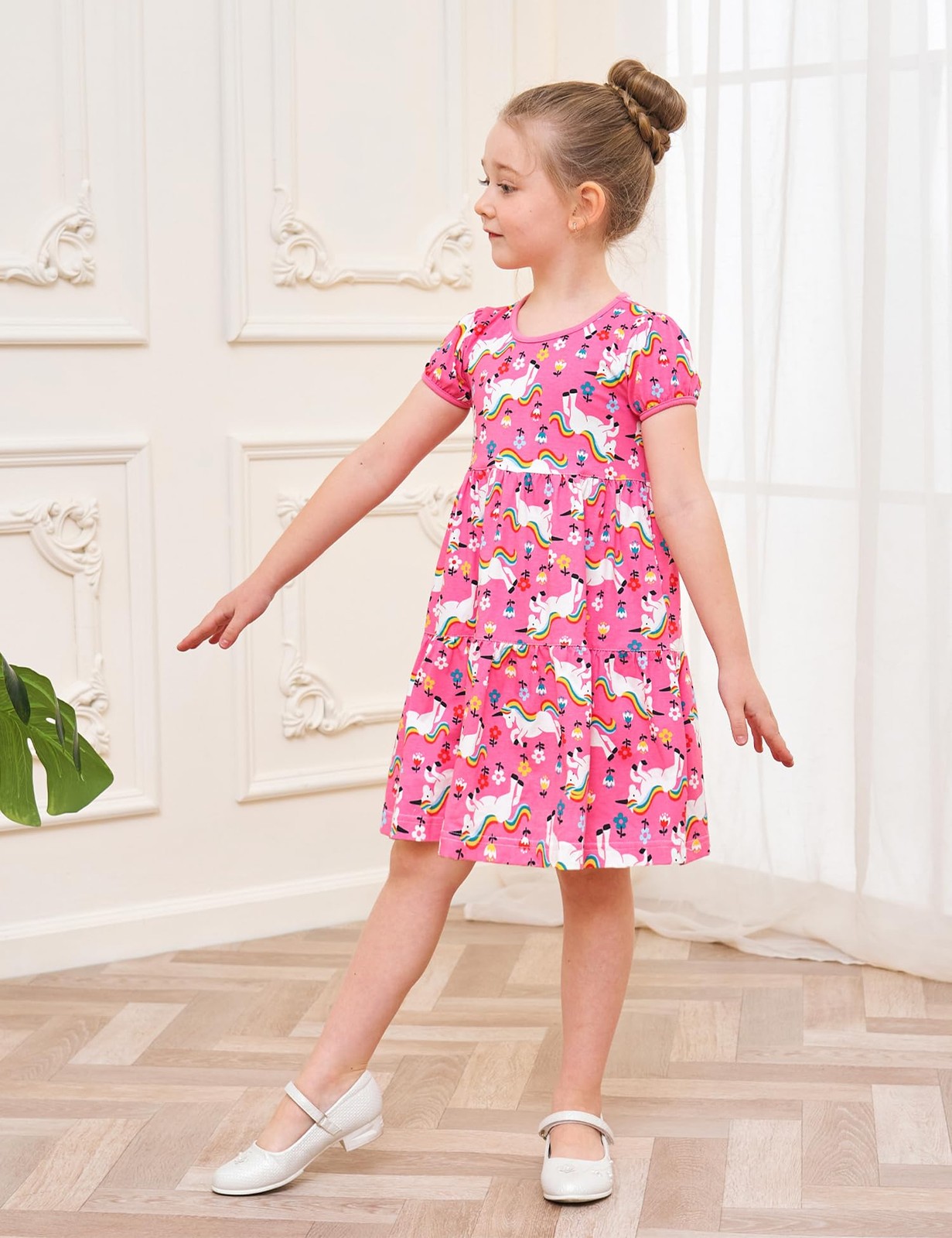 Little Girl Summer Dress Unicorn Easter Rainbow Short Sleeve Twirly Tiered