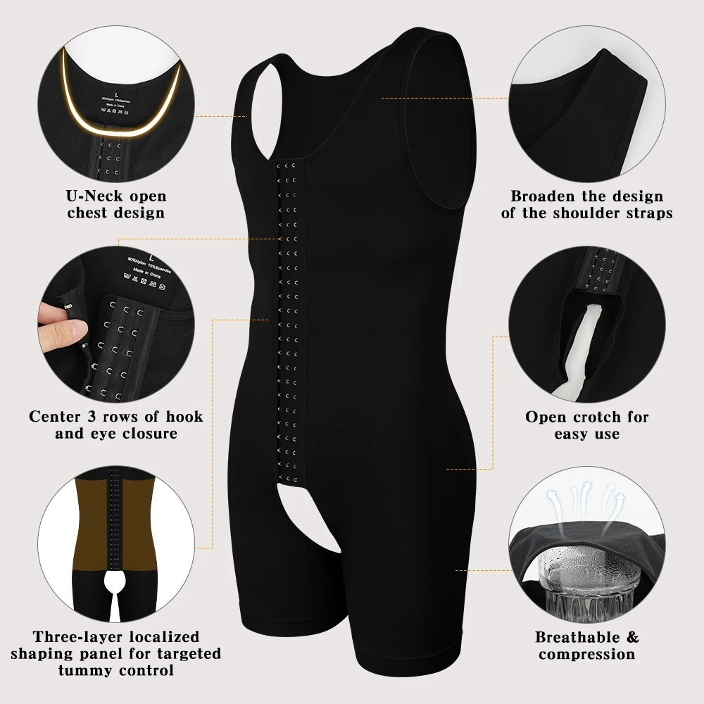 Men Bodysuit Compression Full Body Shaper Underwear Open Crotch Tummy Control US