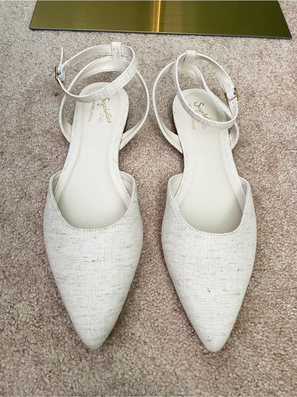 New Seychelles Memory Foam Footbed Pointed Toe Linen Strap Flats Size 10M Cream