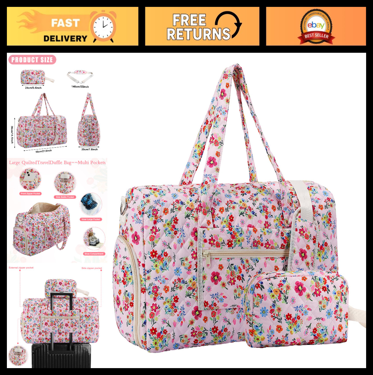 Large Floral Quilted Duffle Bag – Lightweight Weekender Gym Tote with Makeup Pou