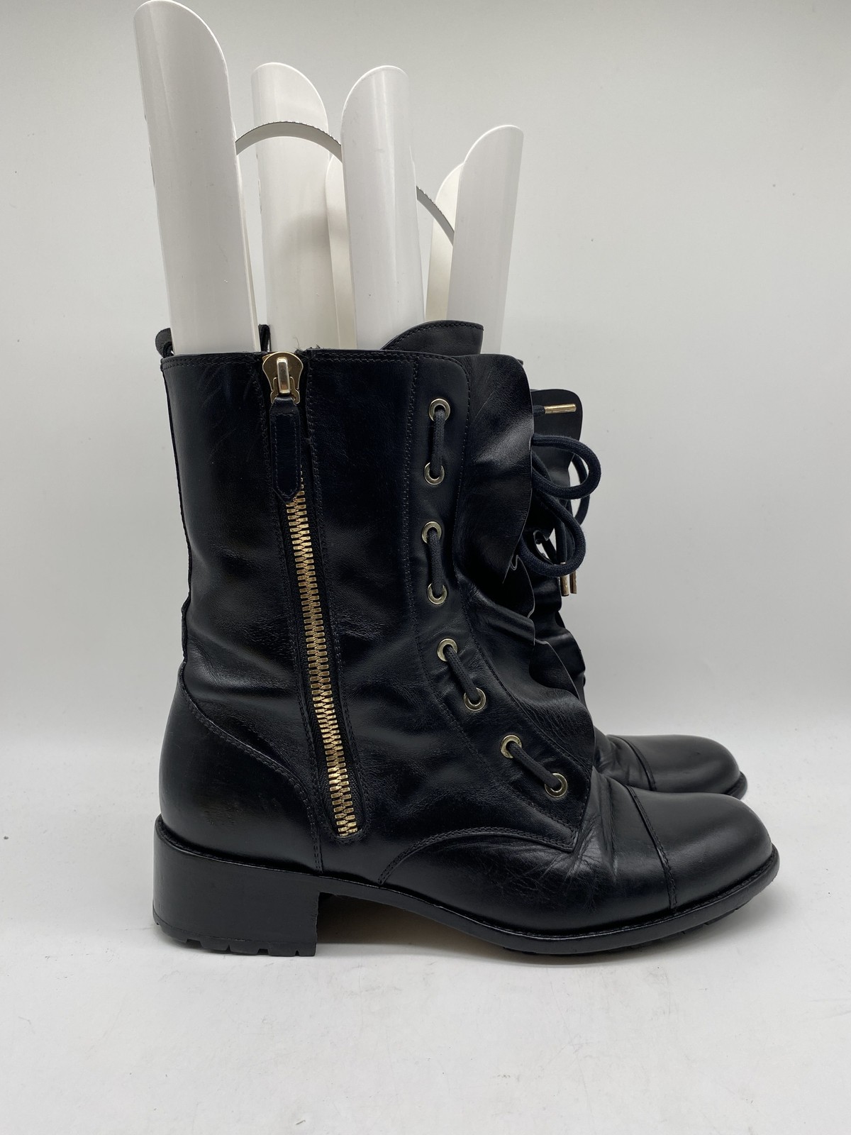 Valentino Garavani Black Leather Ruffle Lace-Up Side Zip Boots Size 40 COA