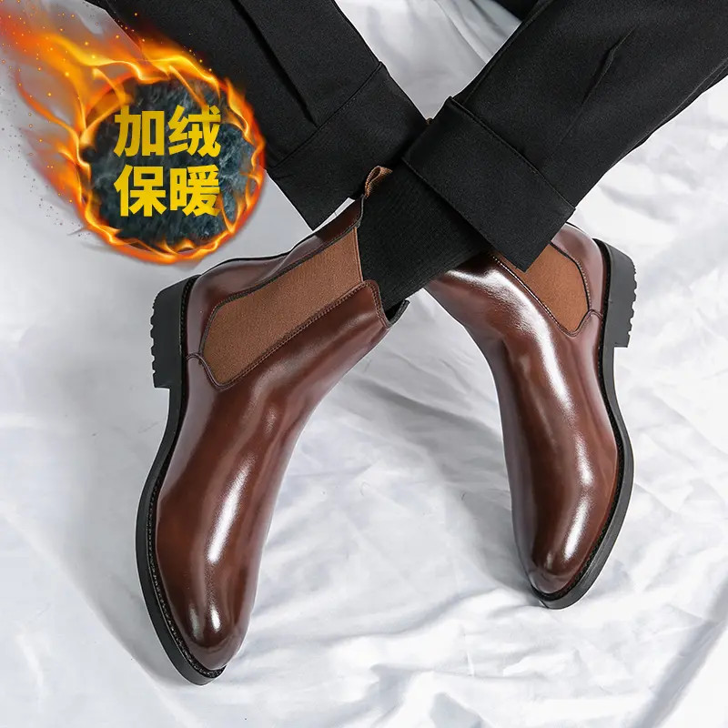 Mens Winter Warm Causal Ankle Boots Leather Formal Dress Shoes Pull On Low Heels