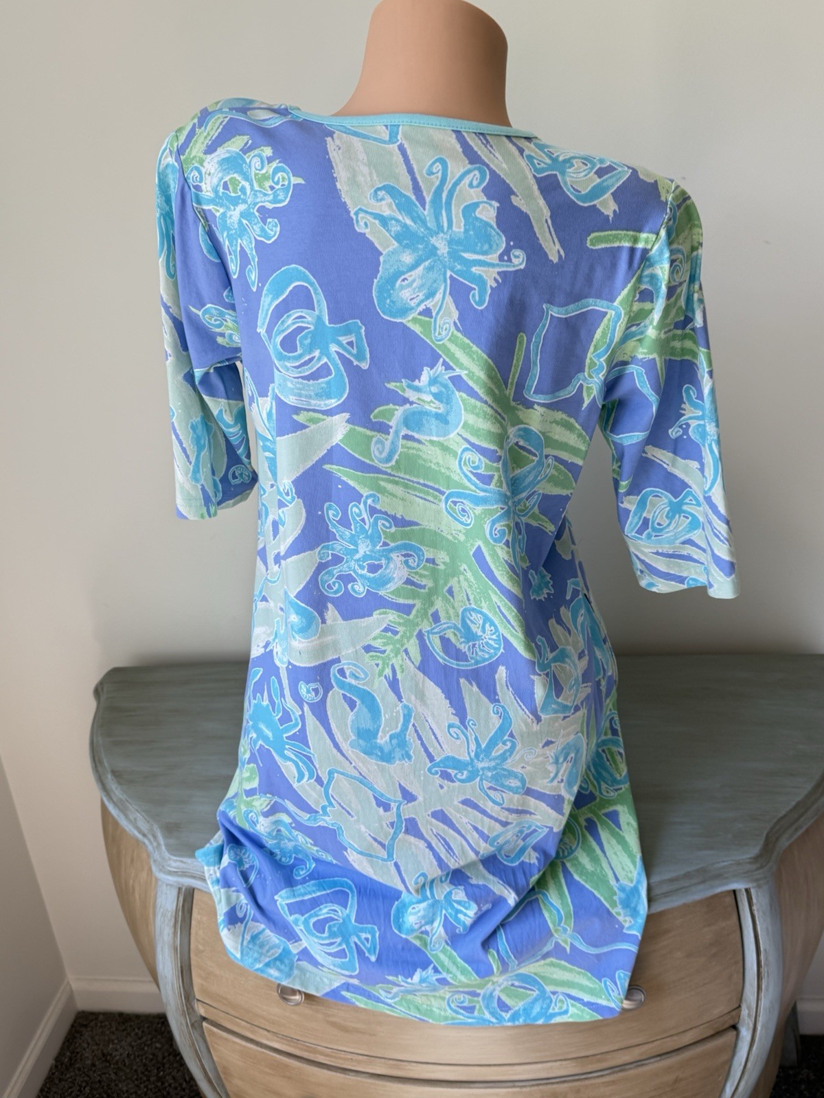 Ana Clare T Shirt Dress L under Sea Horse Fish Octopus Lavender Coastal Pockets