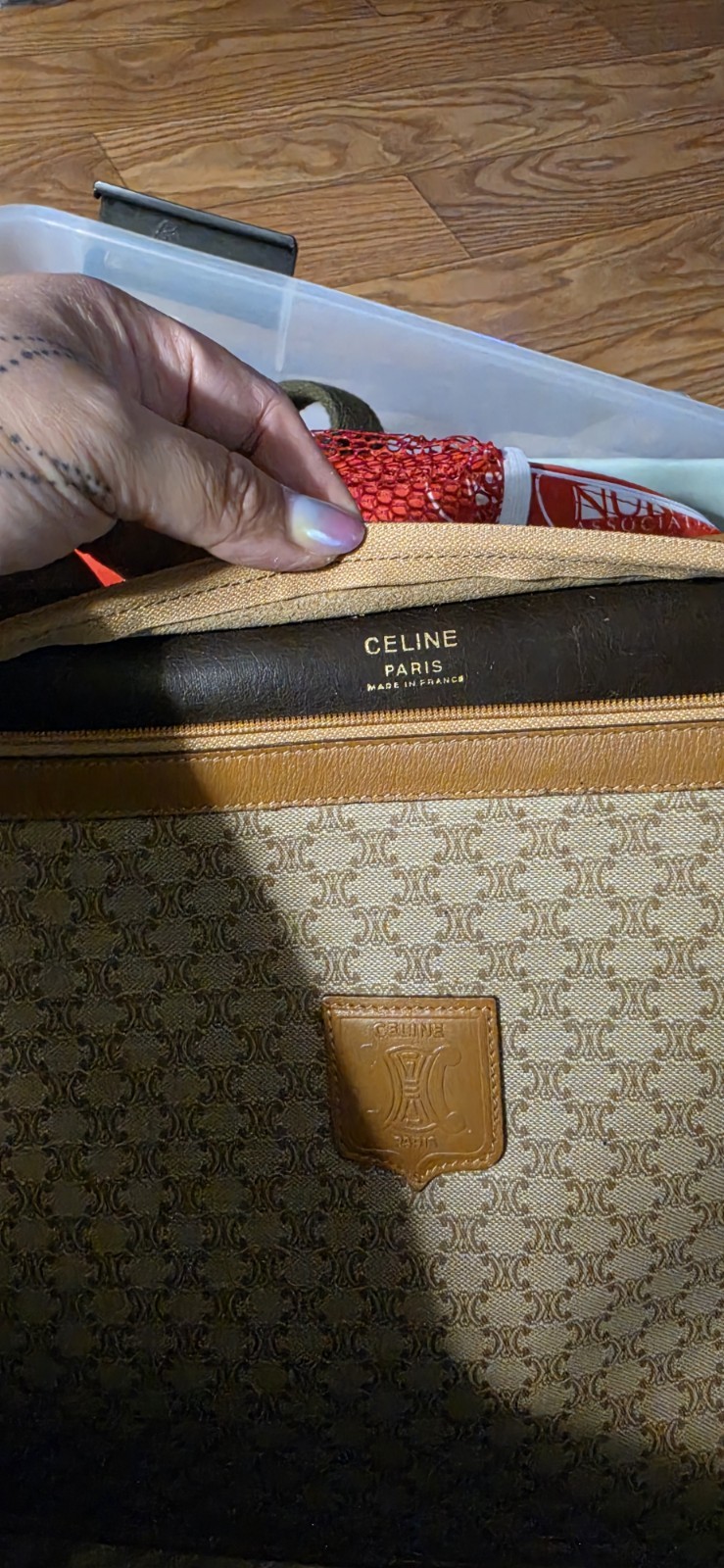 CELINE Paris Beige/Brown Monogram Logo Zip Clutch Pouch Bag Rectangle