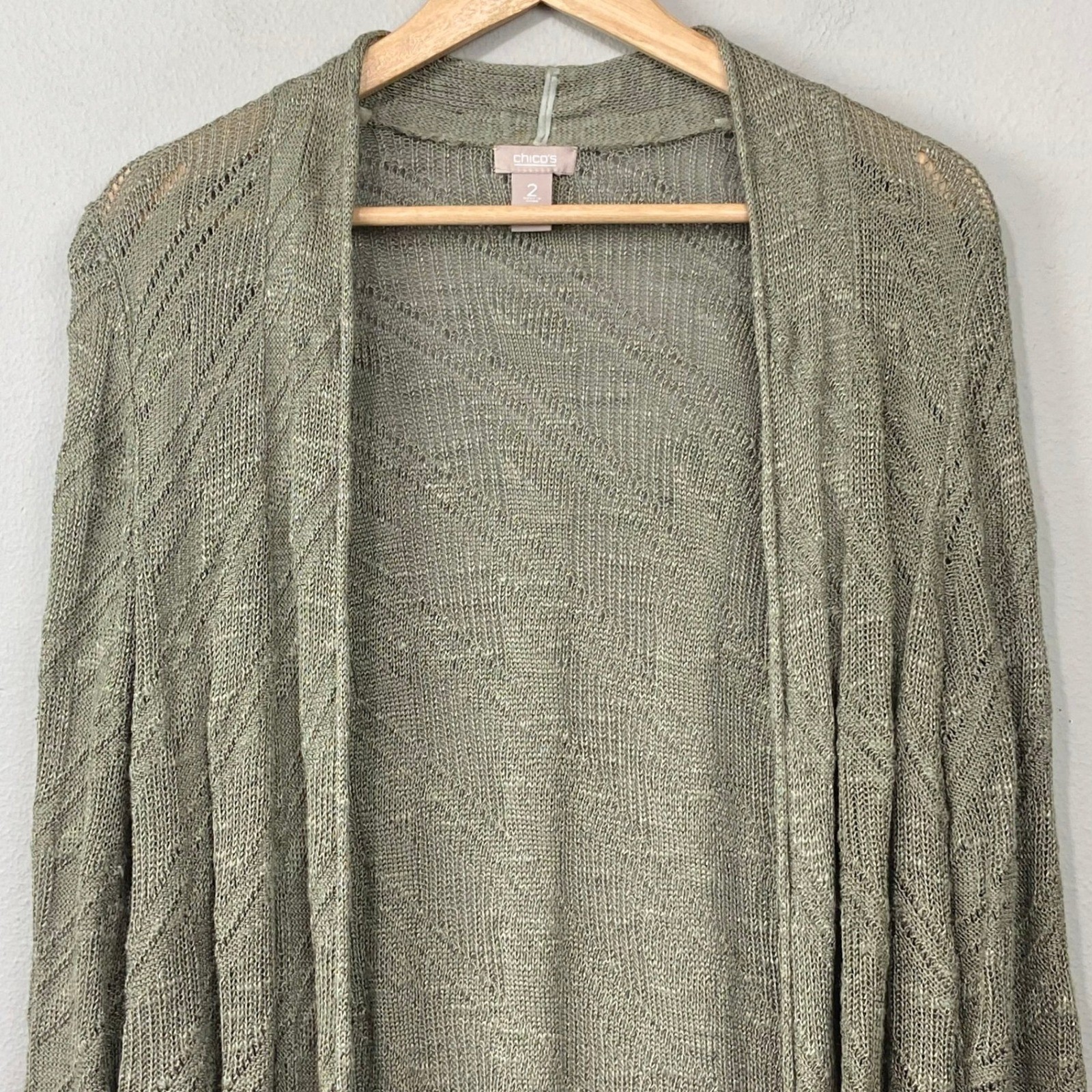 Chico’s Open Front Cardigan Sweater Women Sz L Olive Green Pointelle Linen Blend
