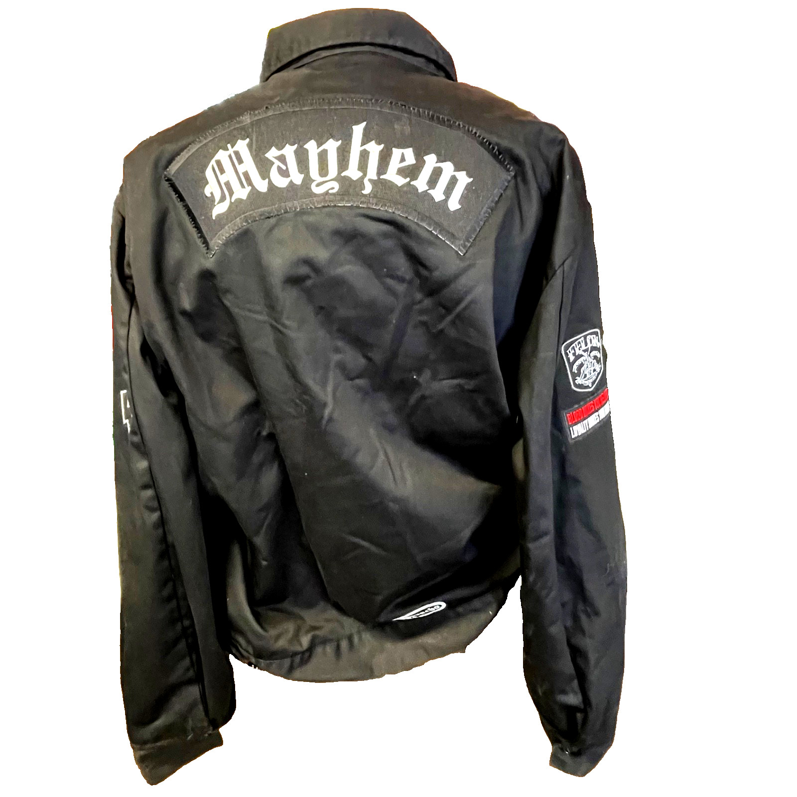 black Dickies work jacket featuring custom red embroidered patches Size 3XL