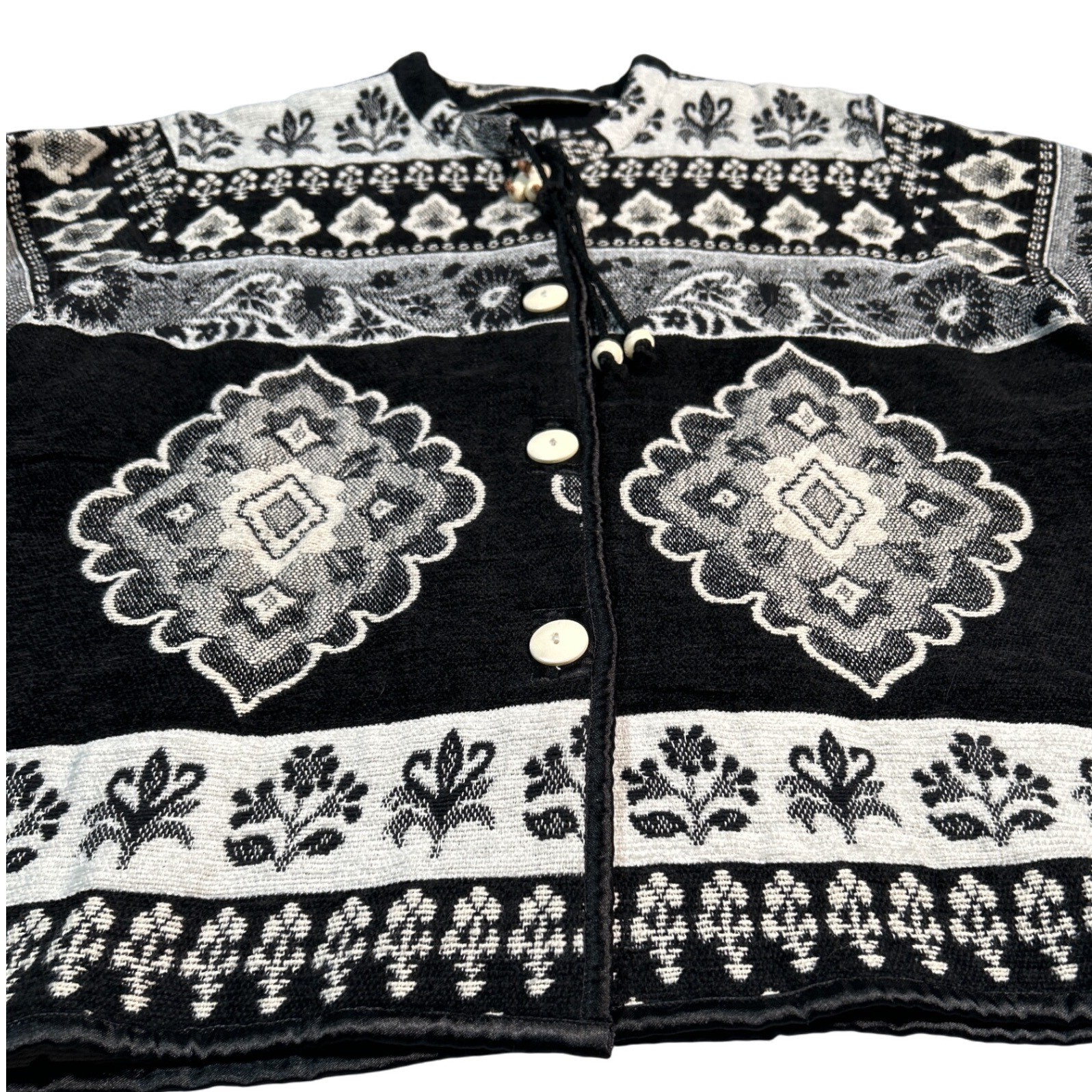 Flashback Cardigan Black White Tapestry Floral Jacket VTG Boho Chic Festival Y2K