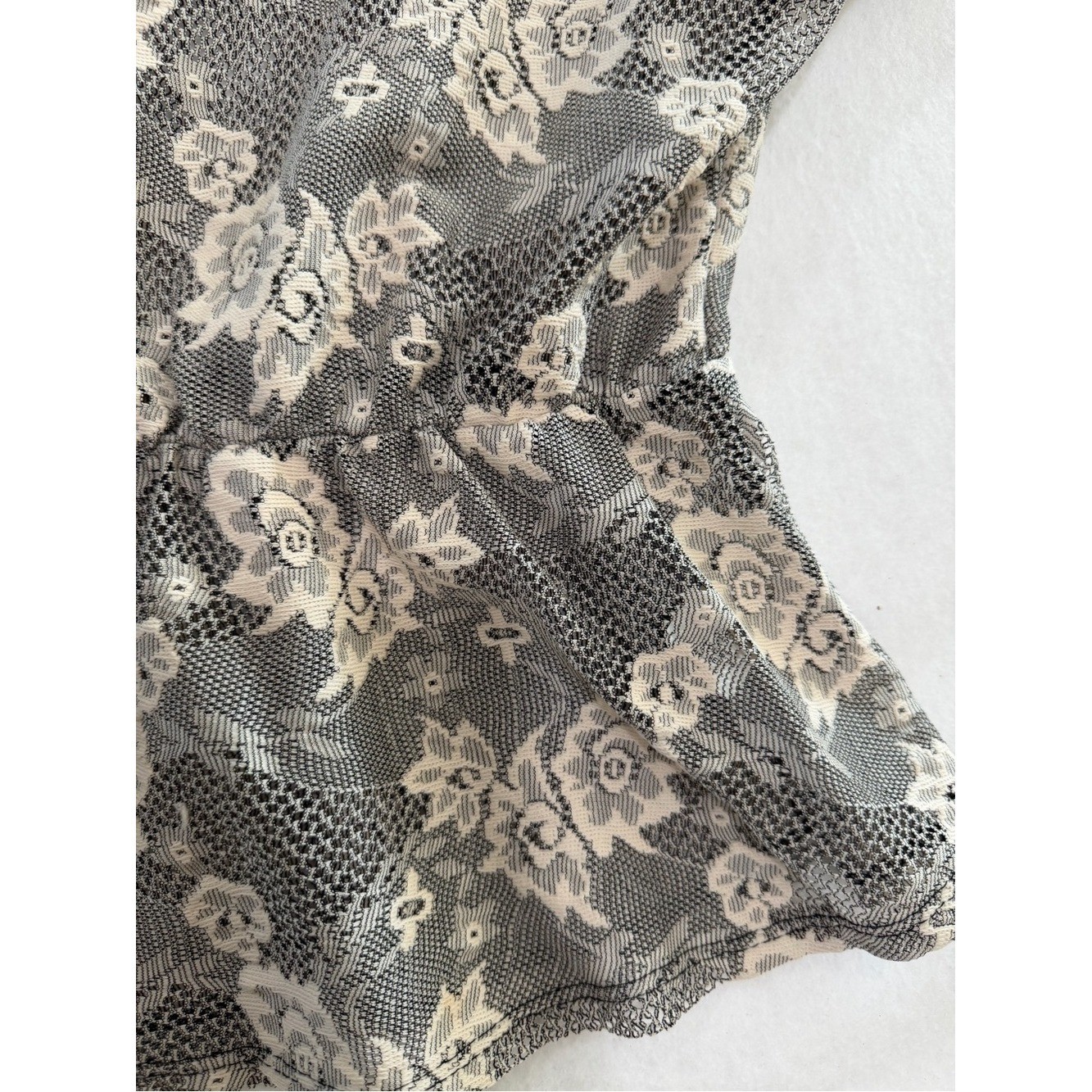 Vintage R Marks New York Sheer Lace Peplum Blouse Black Ivory Floral Mesh Top M