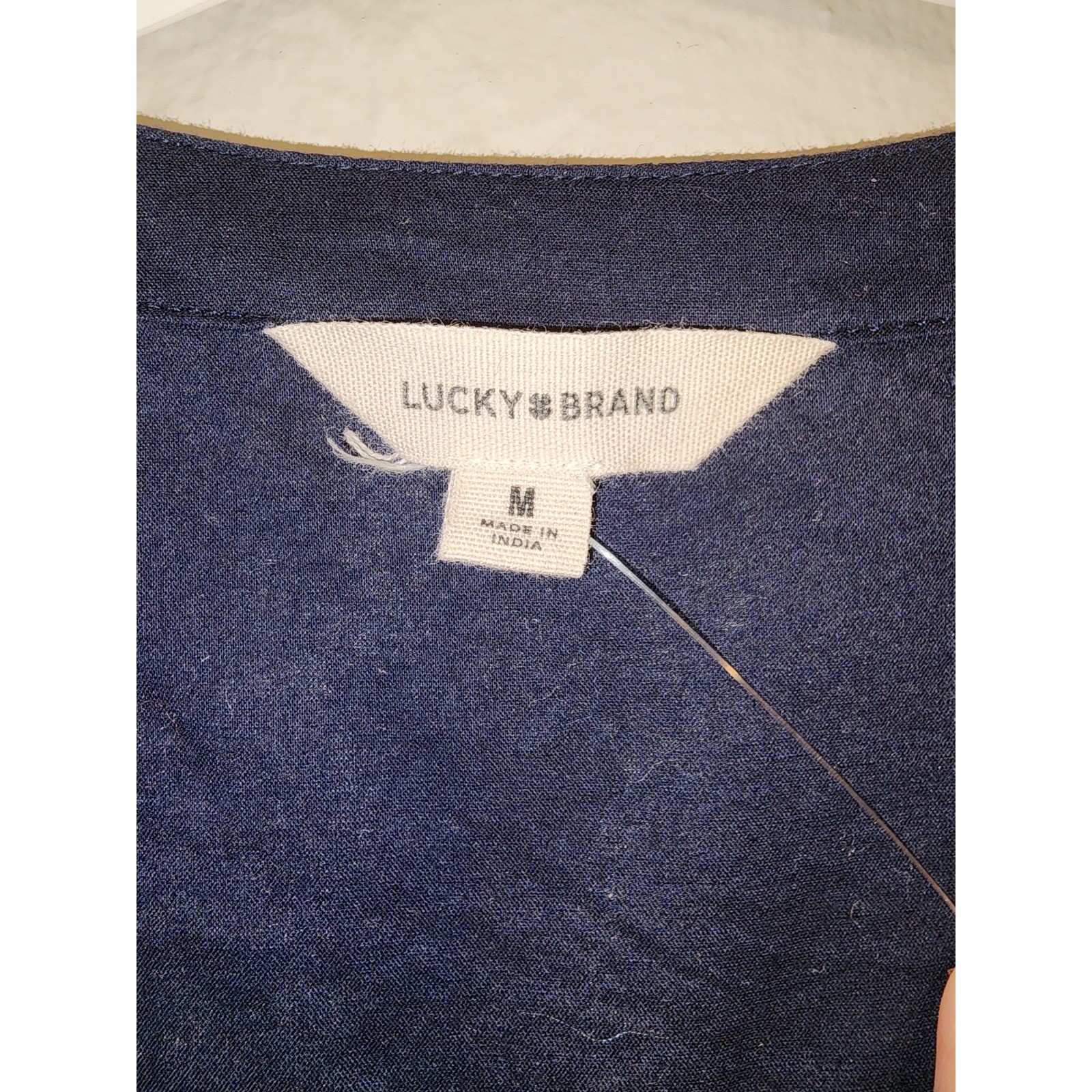Lucky Brand Tie Front Top Womens Medium Navy NWOT Peace Sign Embroidered V-Neck