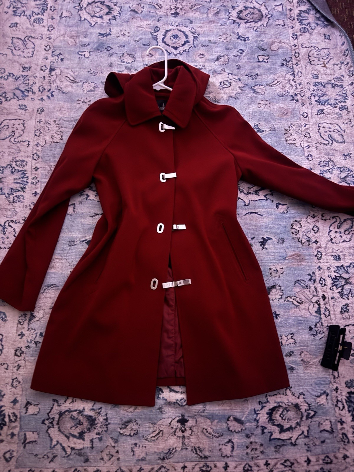London Fog Women’s PXS Red Trench Coat with Hood & Silver Clasps