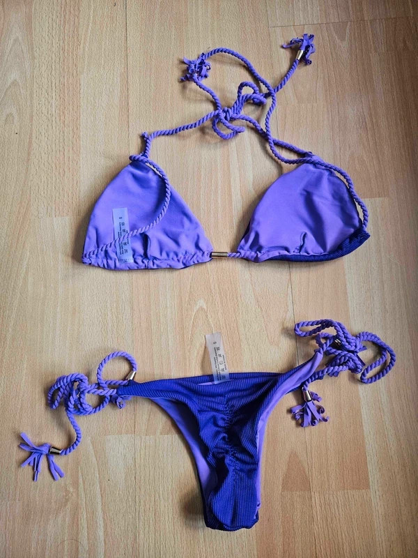 Shein Ribbed Fabric Handwoven Tassel Halter Neck Purple Bikini Set