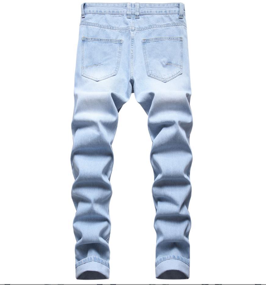 Men’s Light Blue Ripped Holes Straight Leg Casual Punk Hip Hop Pants Trousers