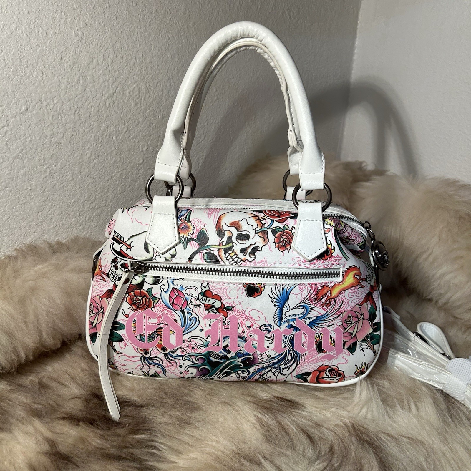 NWT Ed Hardy Satchel / Crossbody Bag – Skulls & More – White Multi