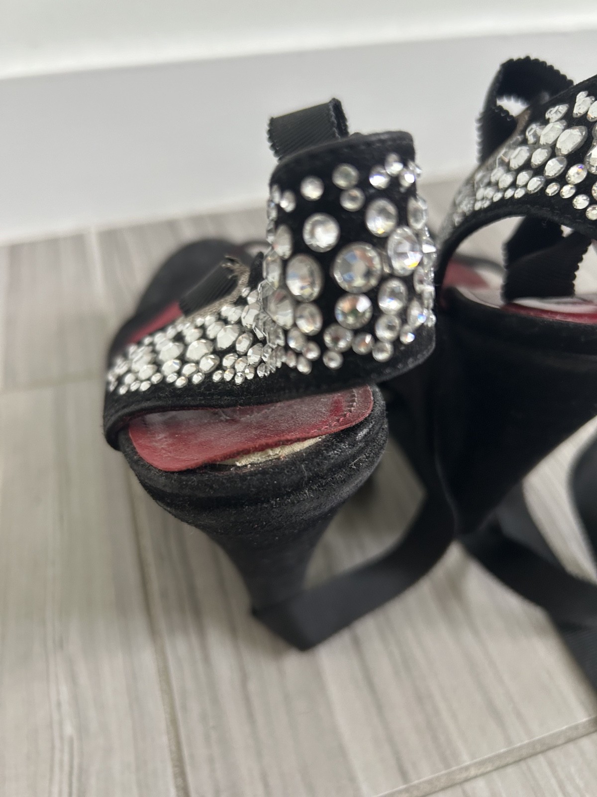 Cesare Paciotti Platform Heels Women Black Suede Rhinestone Ankle Wrap Sandals