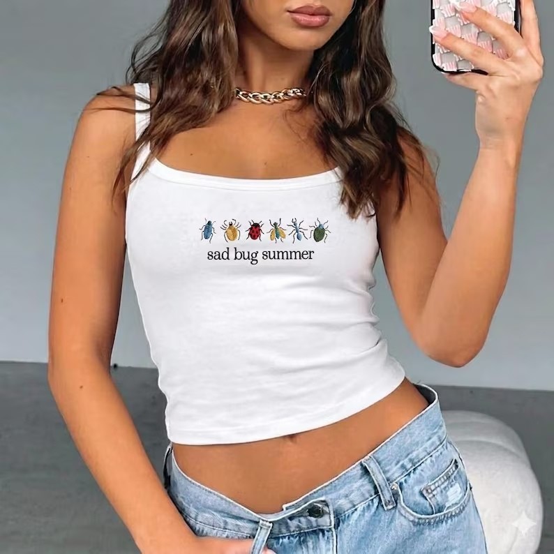 Sad Bug Summer Embroidered Tank Top Trendy Weirdcore Graphic Crop Top