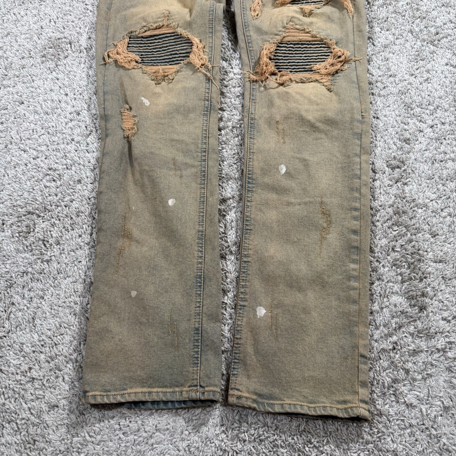 KDNK Jeans Mens Size 34×32 Blue Tan Paint Splatter Distressed Slim Denim Pants