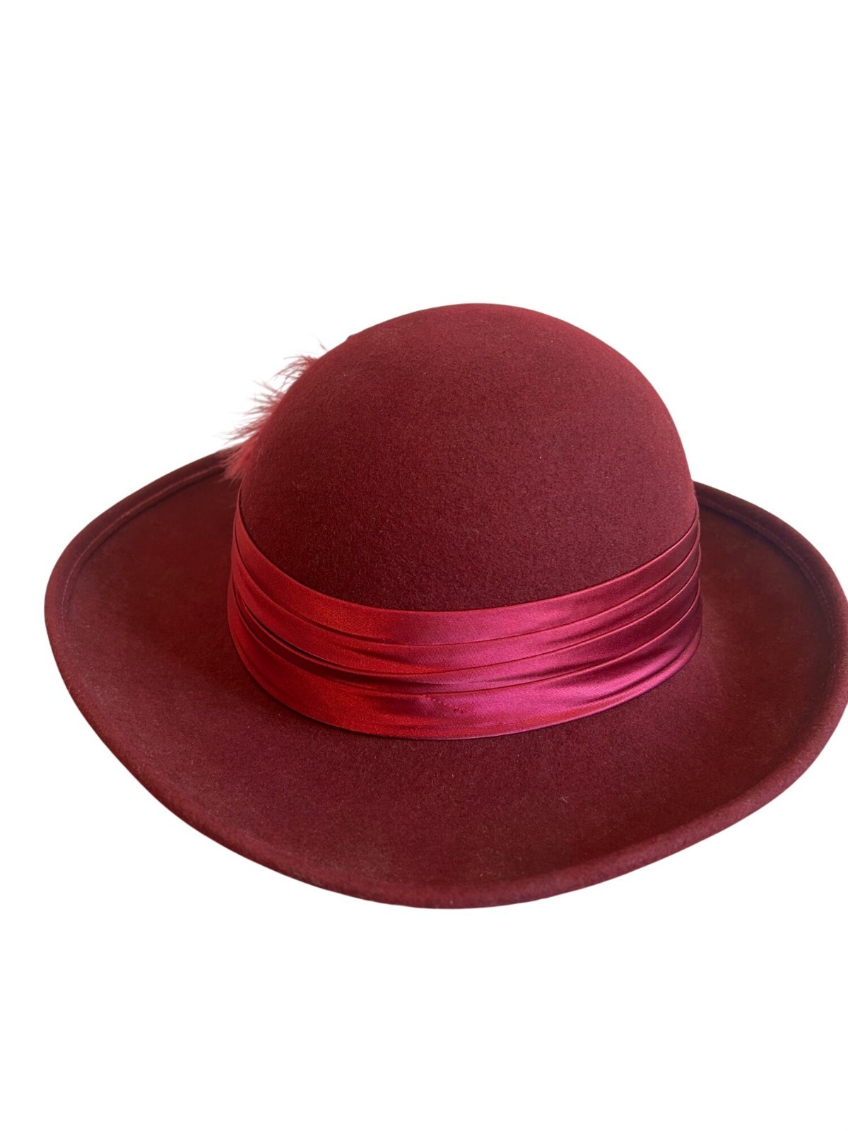 Vintage Geo W Bollman Burgundy Wool Hat With Satin Ribbon & Feather Accent