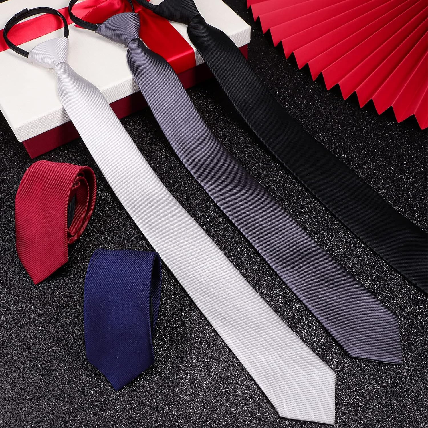 Xinnun 5 Pieces Mens Zipper Ties Pre Tied Adjustable Neckties Solid Color
