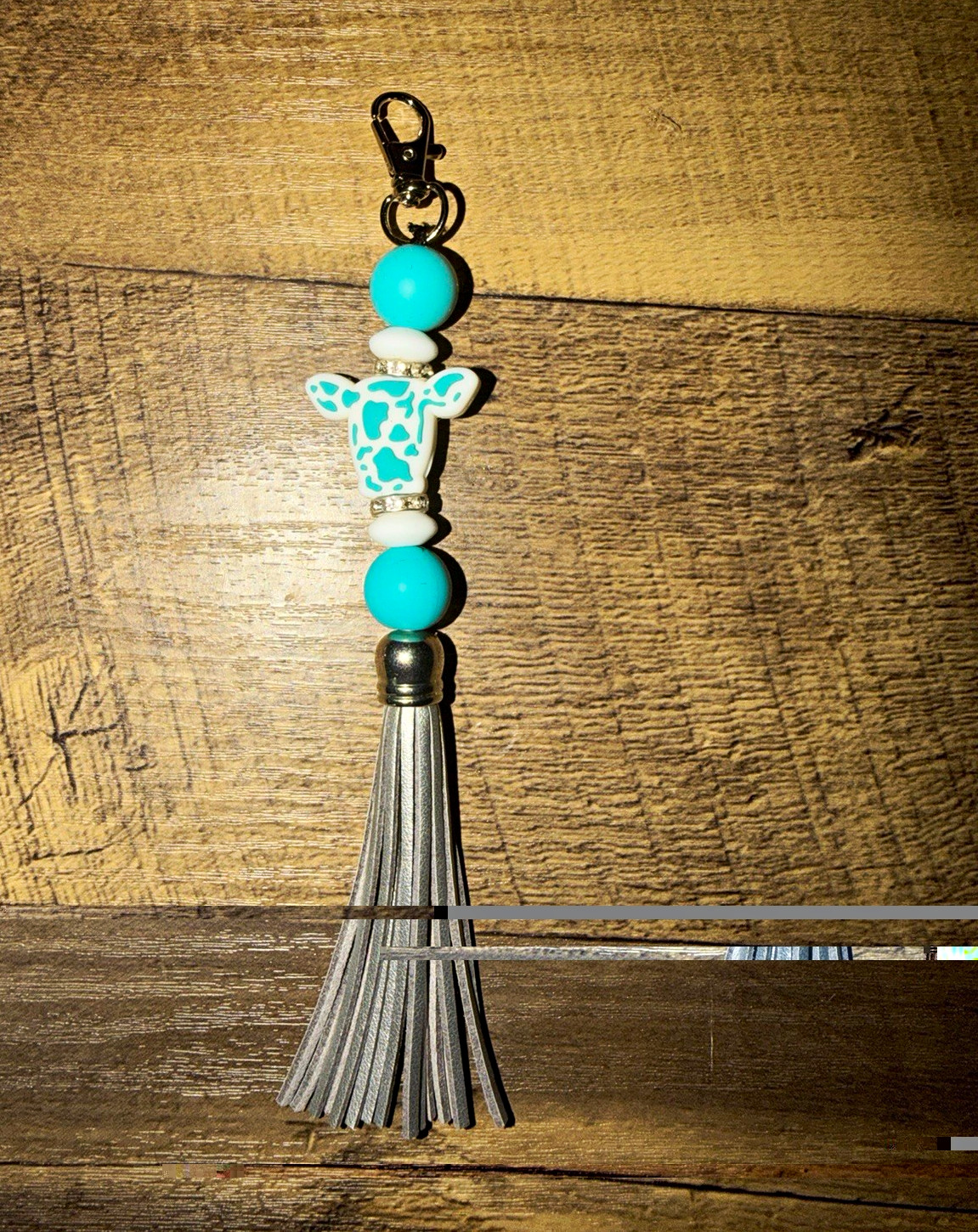 Turquoise Beaded Tassel Key Chain w/ Giraffe Charm, Animal Print