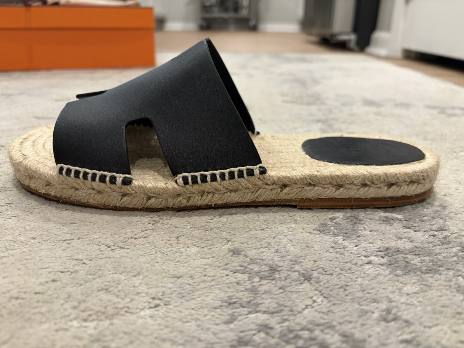 Hermès Antigua Espadrille Sandals Black Leather EU 43 US 10 w/ Box Dust Bags