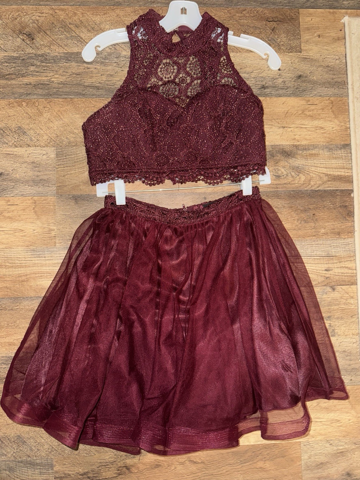 Sequin Hearts Burgundy Lace 2-Piece Crop Top & Skirt Set High Neck Size 5