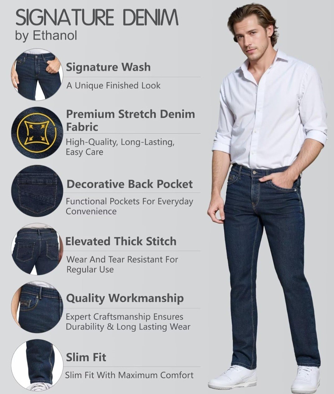 ETHANOL Mens Comfy Stretch Slim Fit Straight Casual Pants, 5 Pockets,NWT Size 36