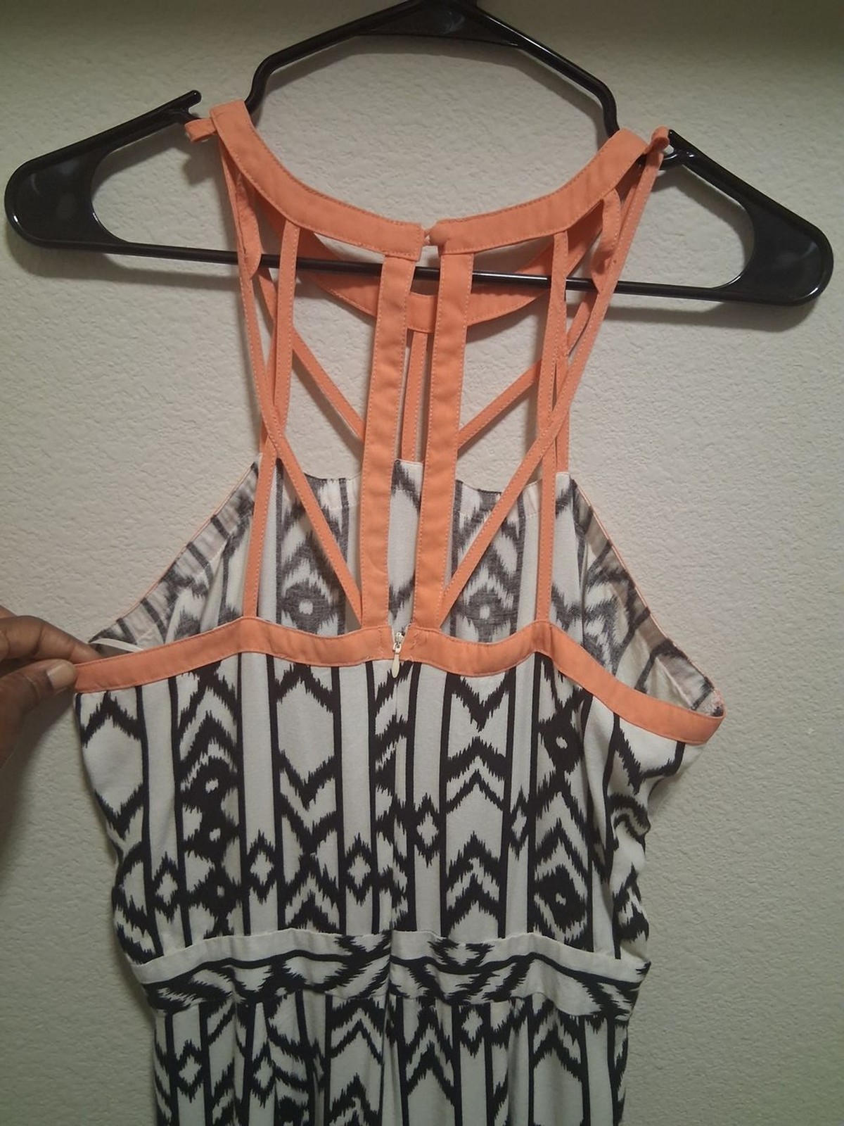 Sleeveless Black & White Geometric Maxi Jumpsuit with Coral Straps