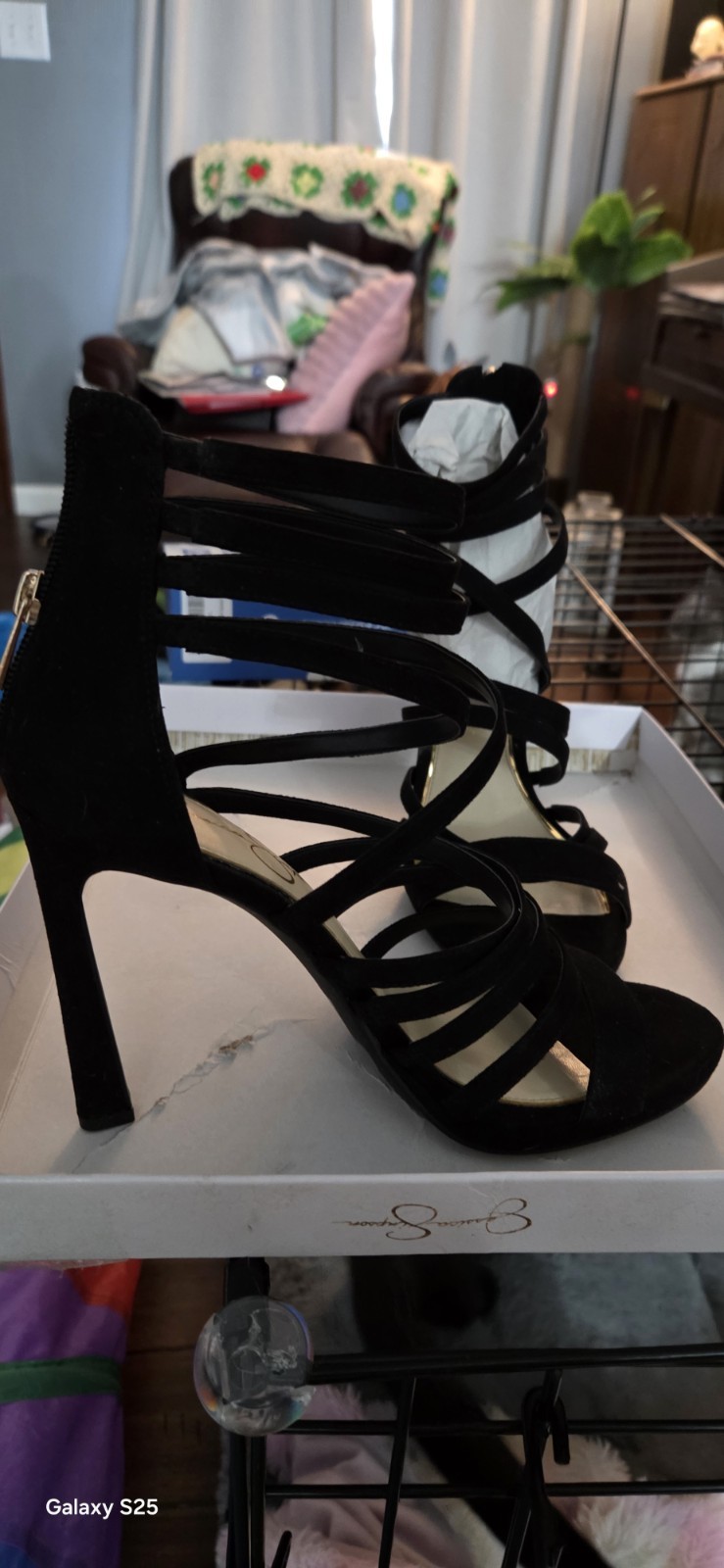 Jessica Simpson Black Microsuede Strappy Open Toe Ankle Strap Heels 8M