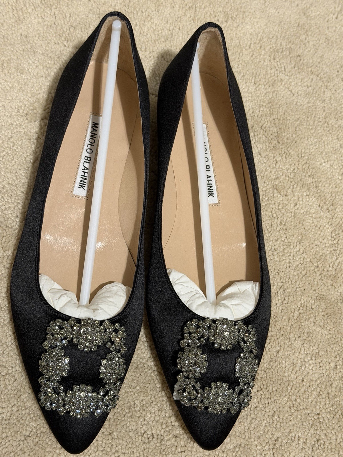 HANGISIFLAT Black Satin Jewel Buckle Flat Pumps Size 37